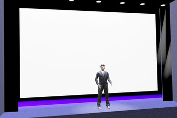 Man stands on stage during the presentation