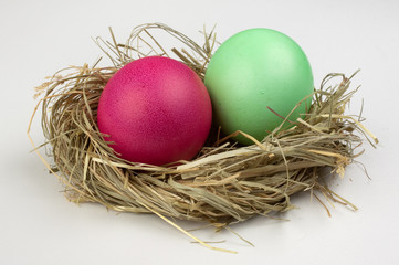Fototapeta na wymiar two easter eggs green and pink in nest isolated