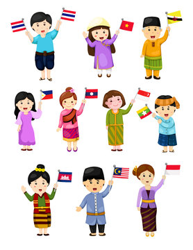 set boys and girls holding flag of asean countries member
