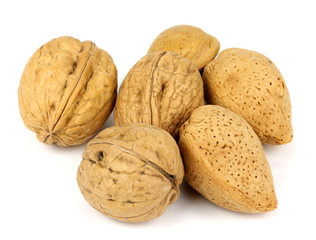 walnuts and almonds on a white background