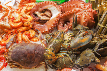 Seafood variety on fish market
