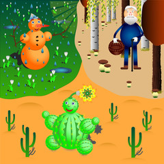 snowman, cactus and oldman in different seasons and weathers
