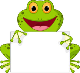 Naklejka premium Szczęśliwy kreskówka żaba ze znakiem