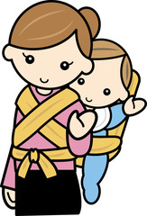 おんぶ紐で赤ちゃんをおんぶする若いママ