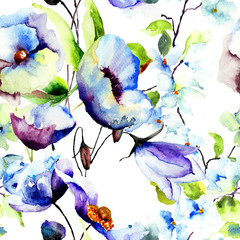 Seamless wallpaper with Beautiful Blue flowers