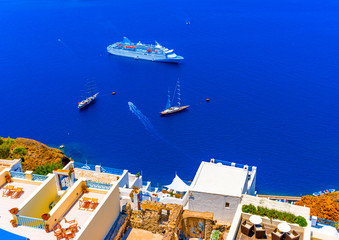 Naklejka premium View to the sea and Volcano Fira in Santorini island in Greece