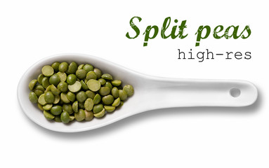 Green split peas in white porcelain spoon
