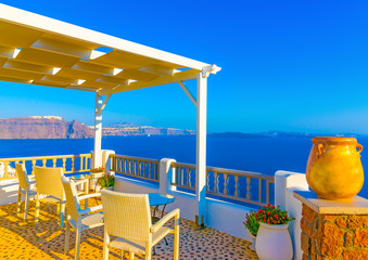 View from a terrace in Oia in Santorini island in Greece