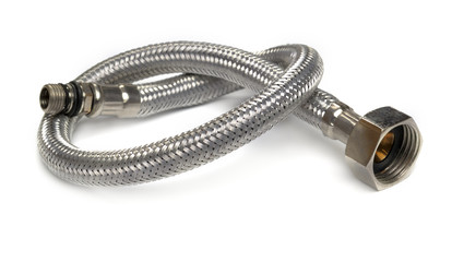 Hose flexible metal braid on a white background