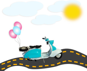 collage scooter motorbike balloons road clouds sun isolated