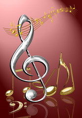 tanzende Noten mit Notenschlüssel und Klaviertastatur, freigest