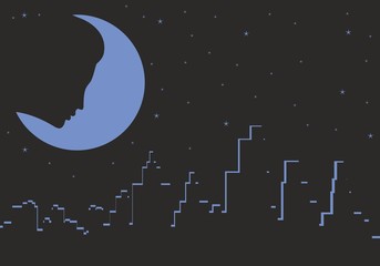 Naklejka premium Night city with the moon.