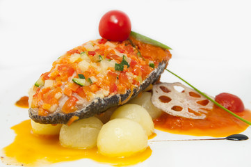 baked fish with potatoes in tomato sauce