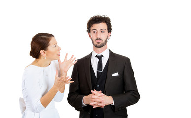 Mad wife demanding explanations from her husband 
