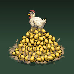 Chicken on top of big pile of golden eggs