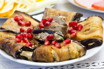 fried eggplant stuffed with walnuts and pomegranate