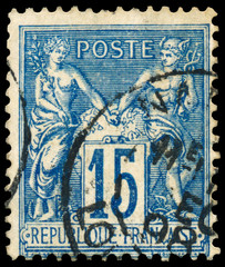 Stamp printed in France shows Athena and Hermes