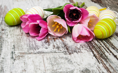 Pink tulips and easter eggs