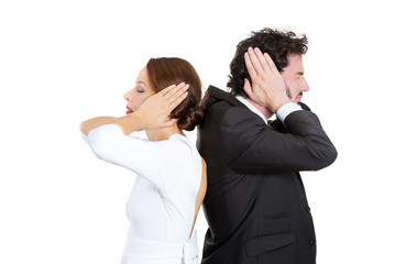 man woman couple standing with backs together covering ears