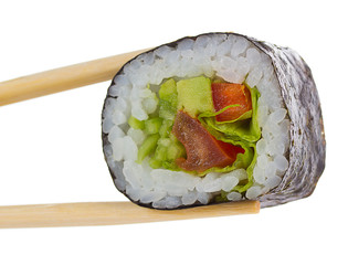 Sushi roll with chopsticks isolated on white