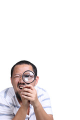Fototapeta na wymiar Man with magnifying glass , isolated on white background