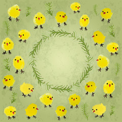 Easter card with watercolor chickens and grass