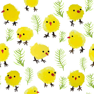 Seamless background with watercolor chickens and grass