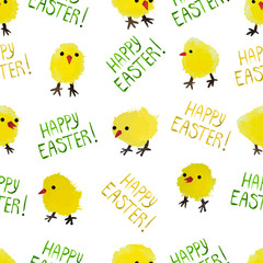 Seamless background with watercolor chickens and lettering