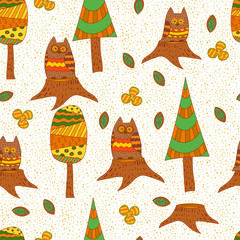 Seamless pattern. Owls in the forest.