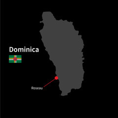 Detailed map of Dominica and capital city Roseau with flag on