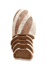 Loaf and slices of rye bread on a white background