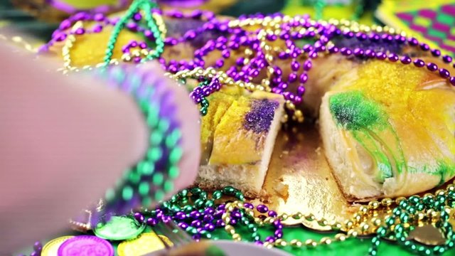 Table decorated for Mardi Gras party.