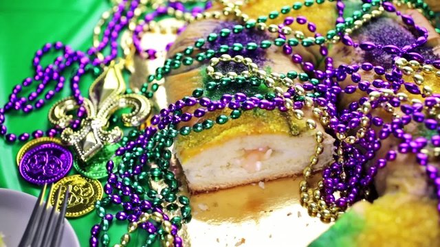 Table decorated for Mardi Gras party.