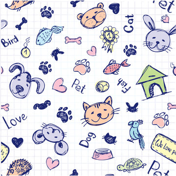 seamless pet pattern, hand drawing, vector