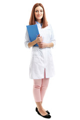 Fototapeta premium Young beautiful doctor with clipboard isolated on white