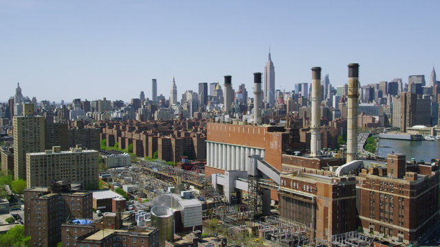 Aerial view of New York City over power plant