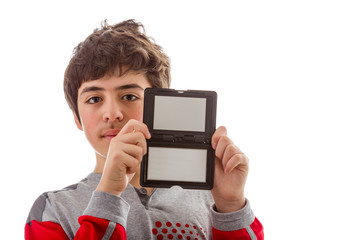 Calm and confident boy with blank black and grey signboard