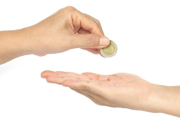 Human hand to gold or precious objects. Welfare recipients and precious objects. Or assignment of a value to another party. Business concept, counting coin isolated on white. 