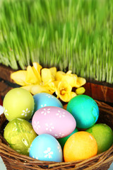 Fototapeta na wymiar Easter eggs in basket and green grass close-up