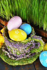 Easter eggs in basket and green grass close-up