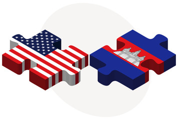 USA and Cambodia Flags in puzzle