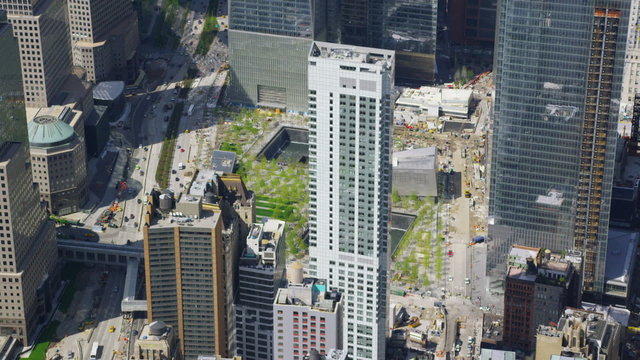 Aerial shot zoom into Ground Zero and Freedom Tower