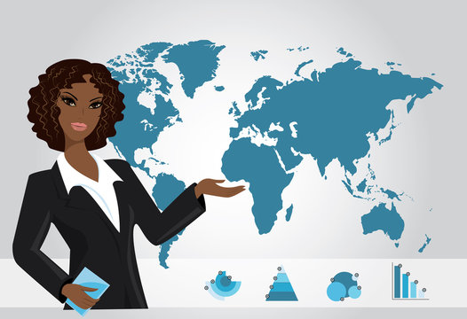 Business woman on background of a map and business charts, vecto
