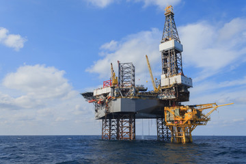 Offshore Jack Up Drilling Rig Over The Production Platform