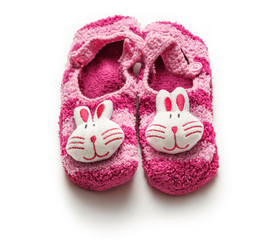 Knitted purple booties with rabbit