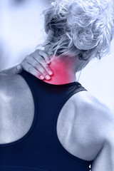 Hurting neck - female runner showing pain with red