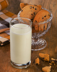 Chocolate chip cookies with milk in  glass.