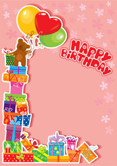 baby birthday card with teddy bear and gift boxes