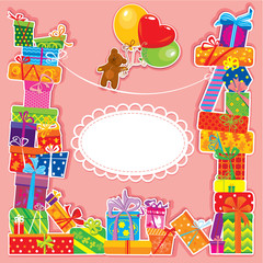 Obraz premium baby birthday card with teddy bear and gift boxes