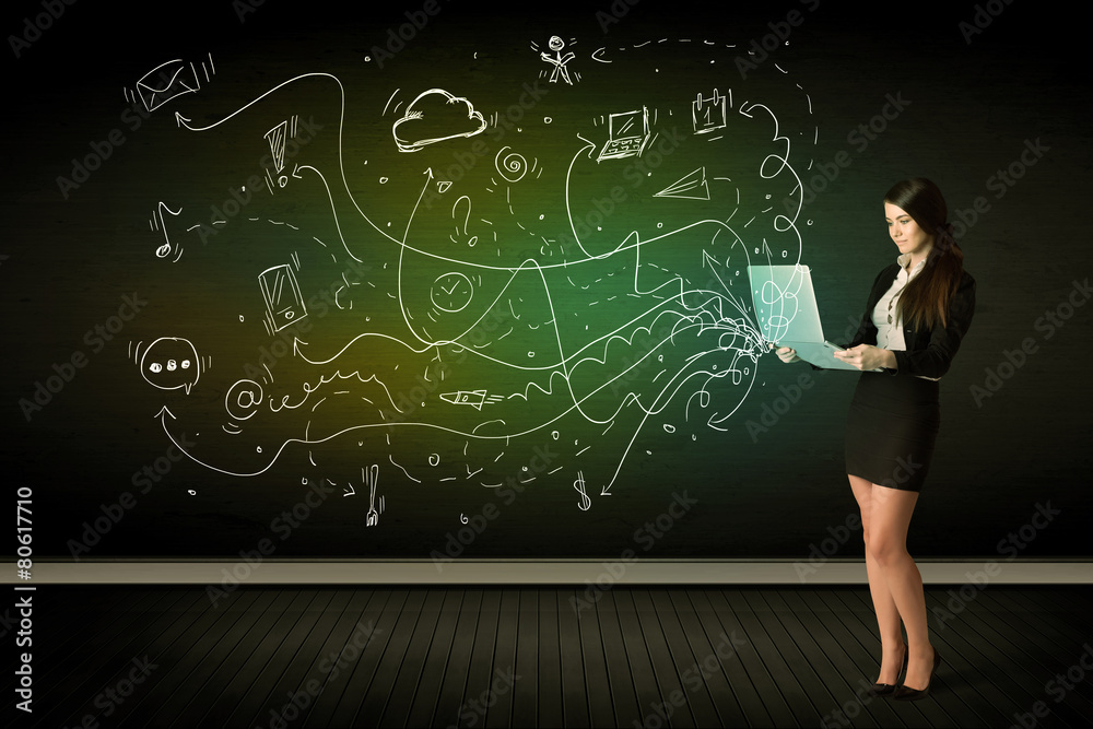 Poster Businesswoman sitting in chair holding laptop with media icons